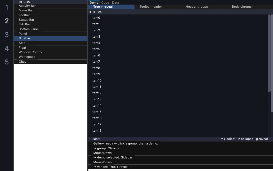 The quadraui gallery’s Sidebar demo rendered as a native macOS window via the Core Graphics backend.